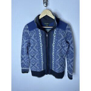 Eddie Bauer Merino Wool Nordic Zip Sweater Blue Fair Isle Cardigan Women’s M/L